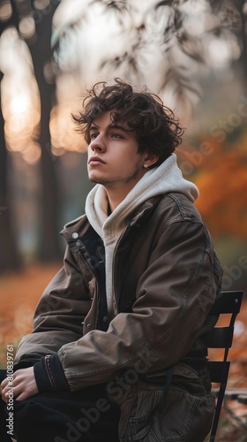 Thoughtful young man sitting on chair in park