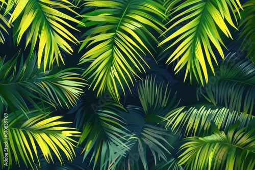 Vibrant green palm leaves against a dark backdrop  perfect for tropical-themed designs