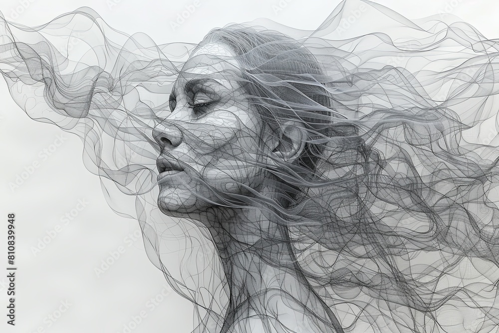 Beautiful Woman: Elegant Line Art Portrait of Flowing Hair and Delicate Expression Beautiful Woman: Elegant Line Art Portrait of Flowing Hair and Delicate Expression