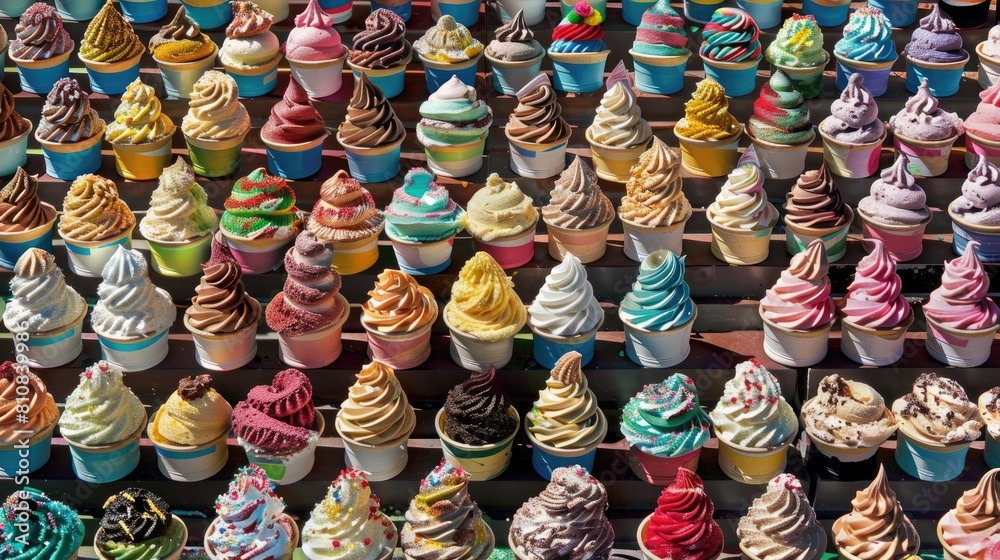 Obraz premium different ice creams in cones, each displayed against a crisp white background, showcasing a diverse array of flavors and colors in a delightful composition.