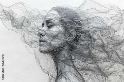 Beautiful Woman: Elegant Line Art Portrait of Flowing Hair and Delicate Expression