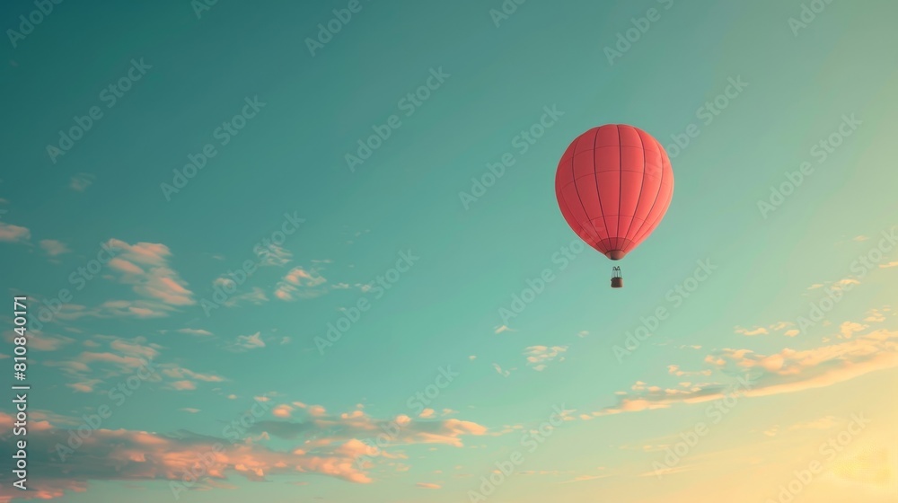 Fototapeta premium A red hot air balloon is floating in the sky above a blue sky