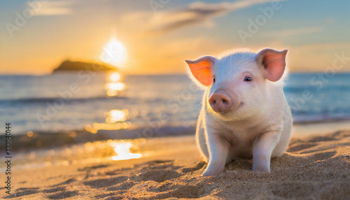 cute baby pig sitting on sandy beach at sunset and copy space for text