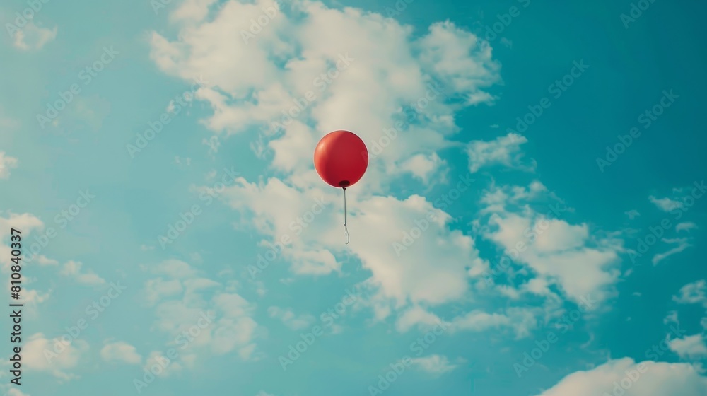 Obraz premium A red hot air balloon is floating in the sky above a blue sky