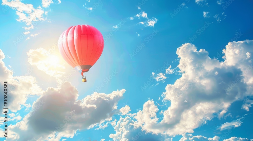 Fototapeta premium A red balloon is floating in the sky above a blue sky