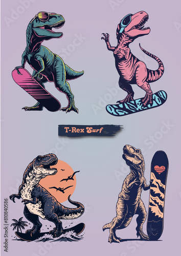 In this fun and whimsical design, a T-Rex is riding a gigantic wave on a surfboard. The fearless dinosaur balances skillfully as it catches the perfect wave, with its tiny arms outstretched in excitem