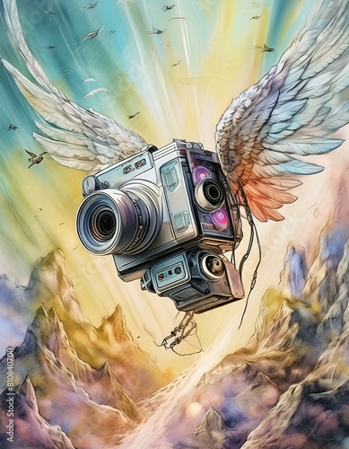 Camera With Angel Wings in The Sky