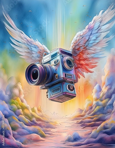 Camera With Angel Wings in The Sky
