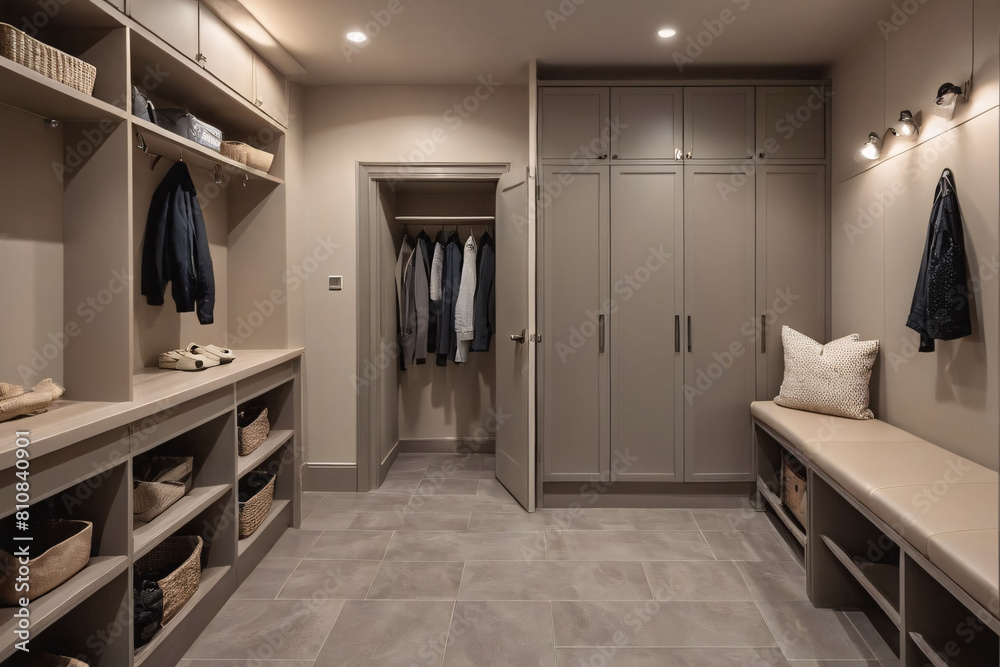 Fototapeta premium A long, narrow hallway with wooden lockers lining both sides. A wooden bench sits against the wall at the end of the hallway.