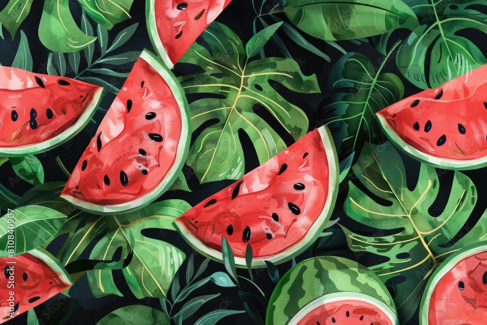 Fresh watermelon slices on vibrant green leaves. Perfect for summer themes and healthy eating concepts
