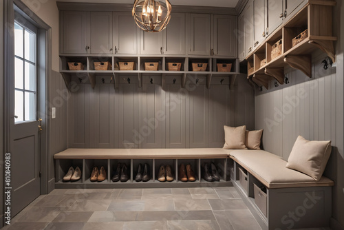 A well-organized mudroom featuring a wooden bench with cubbies for storage and metal hooks on the wall above.  A woven rug sits on the floor. photo