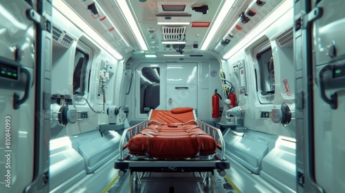 A medical ambulance with an empty bed inside. Suitable for healthcare and emergency services concepts