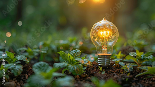 Nature illustration, green energy light bulb on the grass. Unusual picture. photo