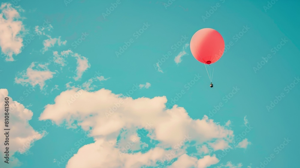Obraz premium A red hot air balloon is floating in the sky above a blue and white sky