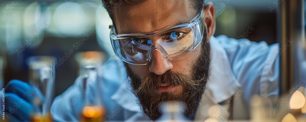 scientist male with beard looking to a sample scientist male with beard looking to a sample