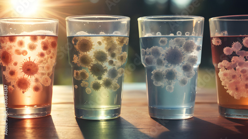 Glass with dirty water  as water pollution concept. hygiene and health concept with germs stickers on it. photo