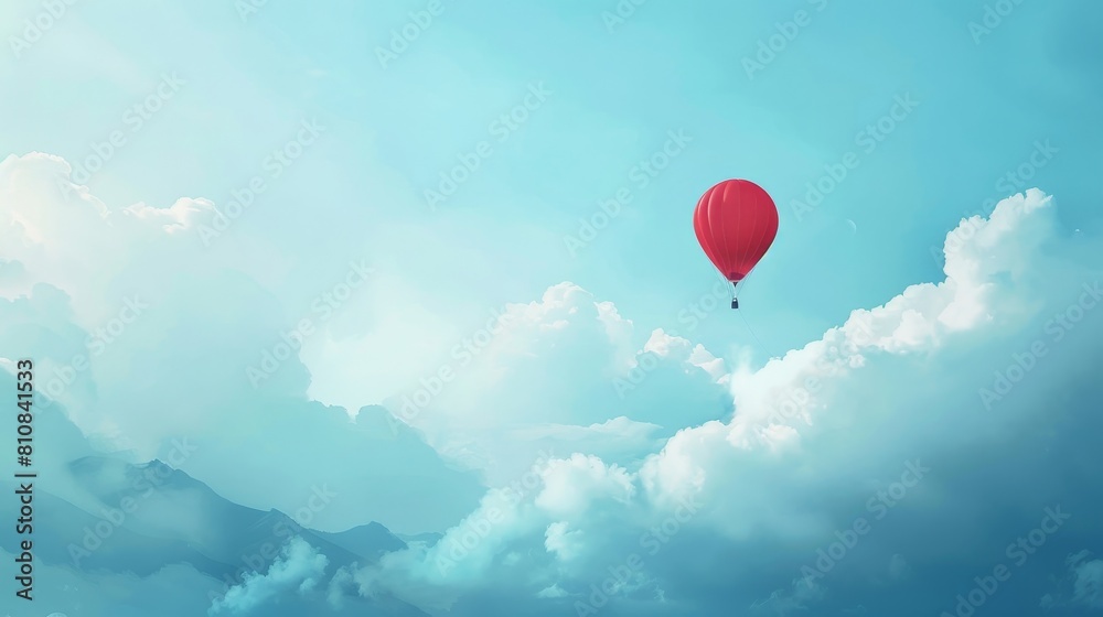 Obraz premium A red hot air balloon is floating in the sky above a blue sky