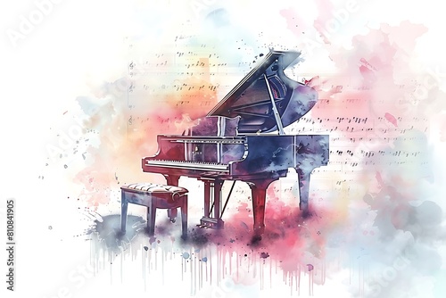 watercolor black piano and notes sheet, style of grunge, musical instrument concept, music concert lover background, card frame with copy space