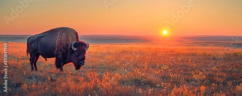 American bison grazing on grassy field against clear sky during sunset photo