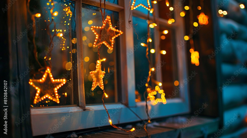 Window Illuminated With Christmas Lights and Stars