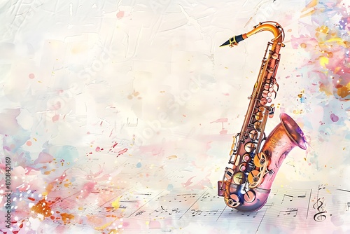 watercolor saxophone and notes sheet, style of grunge, musical instrument concept, music concert lover background, card frame with copy space