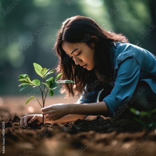 A Young Woman Tending to a sapling, nurturing its growth Fictional Character Created By Generative AI. 