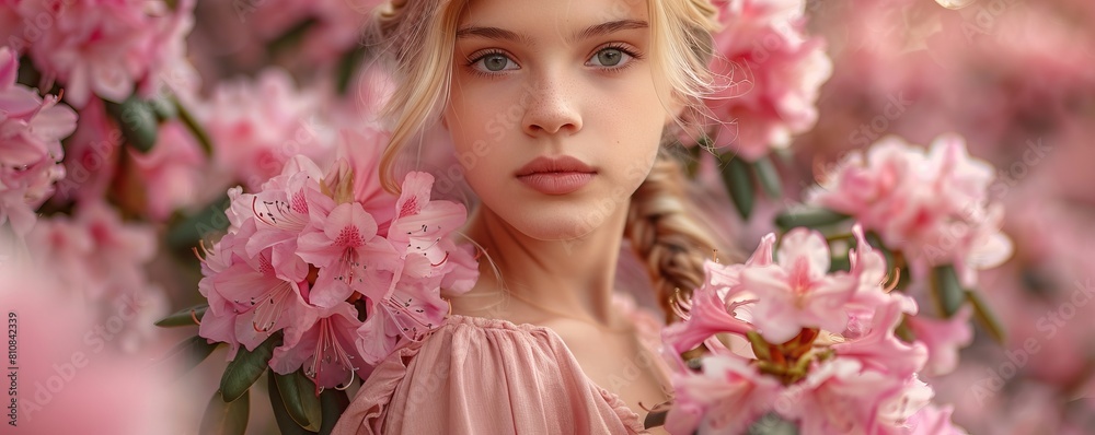 portrait of blonde girl in pink dress holding rhododendron flowers in spring portrait of blonde girl in pink dress holding rhododendron flowers in spring