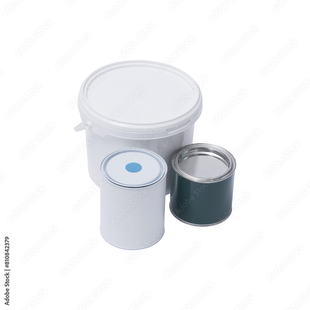 Set of paint buckets and varnish tins Set of paint buckets and varnish tins
