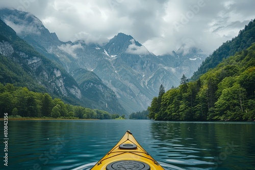 Yellow kayak on mountain lake © yuliachupina
