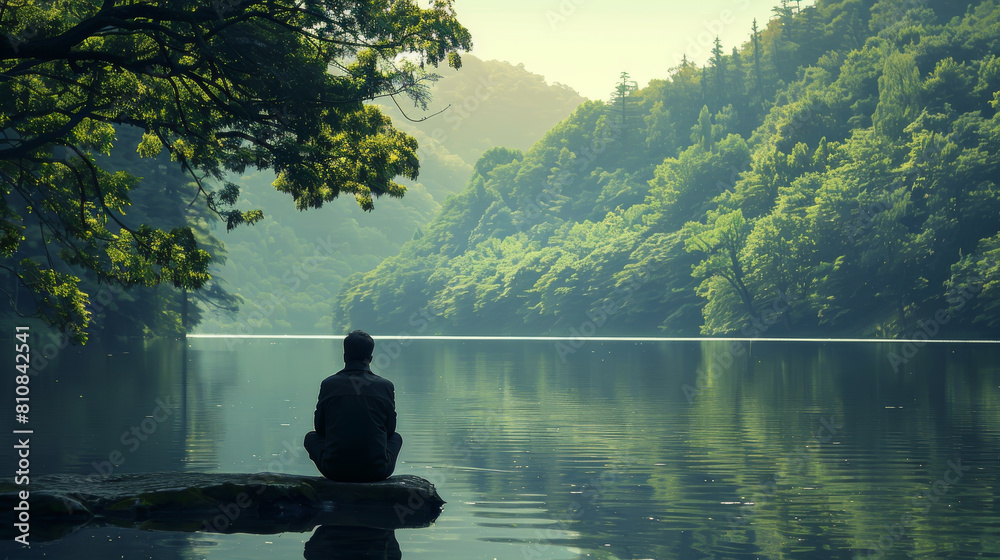 Obraz premium A man sits on a rock by a lake, looking out at the water