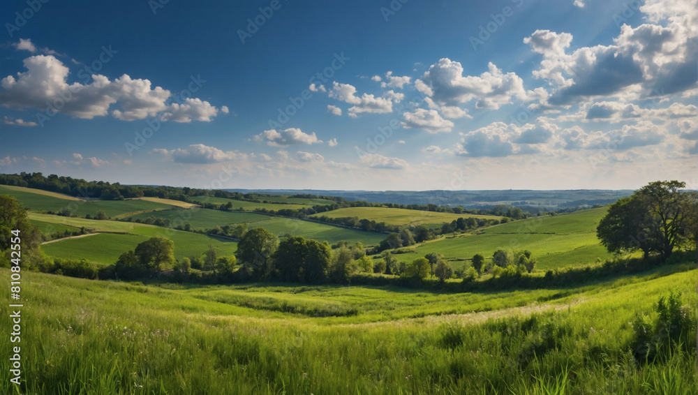 Bright summer landscape with vibrant blue skies and lush green fields.
