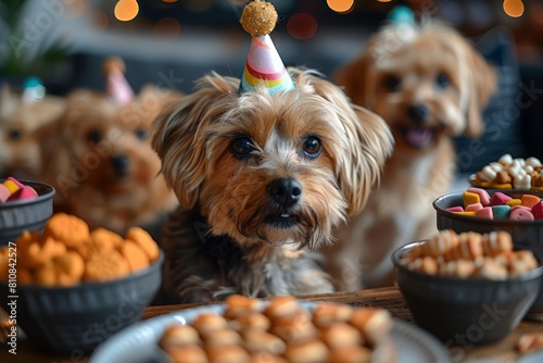 Small dog in party hat among treat-filled table © yuliachupina