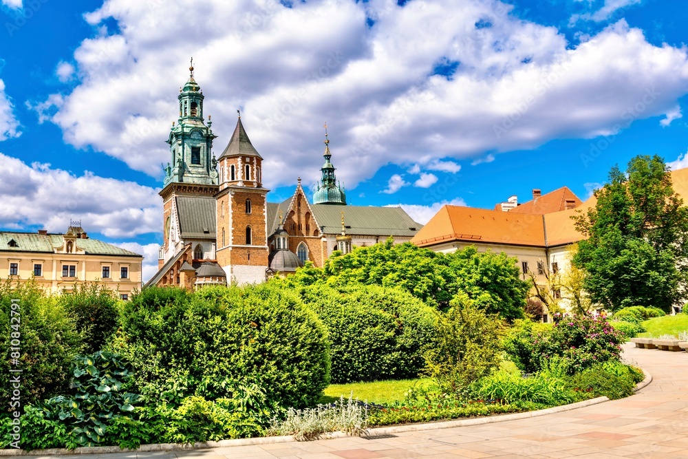  Fragment of the Wawel Royal Castle - an architectural complex on the left bank of the Vistula River, Krakow, Poland.