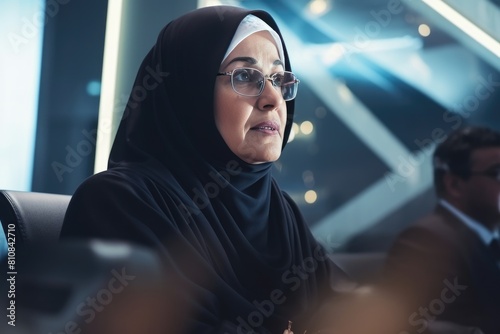 A Muslim woman wearing a headscarf (hijab) and glasses, sitting in a modern office building. Fictional Character Created By Generative AI. 
