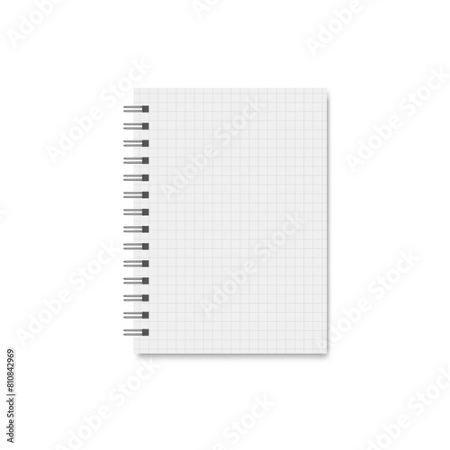 Realistic blank open notebook a6 with spiral, stationery notepad or diary template for office with cell lined.