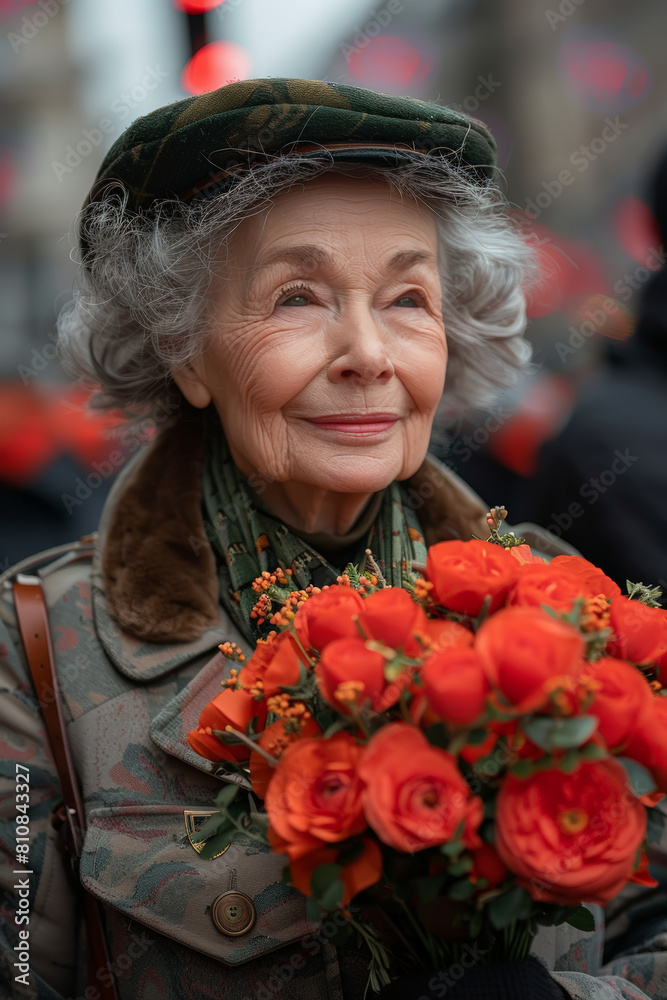 Older woman holding bouquet of flowers Older woman holding bouquet of flowers