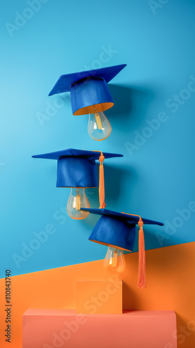 Three blue graduation caps are suspended from a light fixture