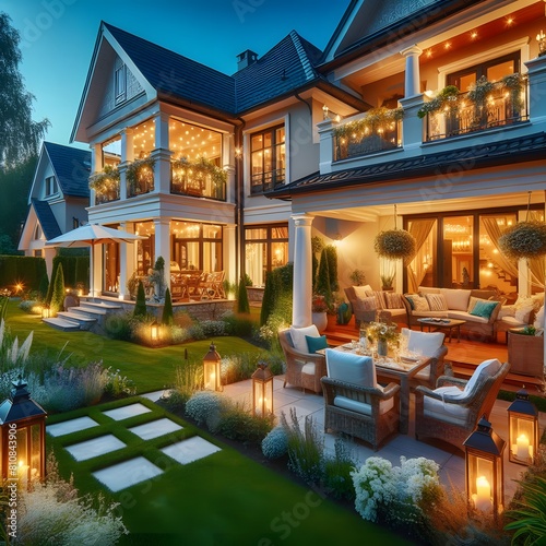 Beautiful house with lights in the garden