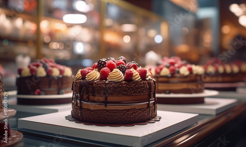 Chocolate cake in a store ready to be sold, generated by ai 