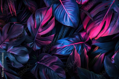Violet tropical leaves glowing in the dark, creating a stunning pattern © Alexei
