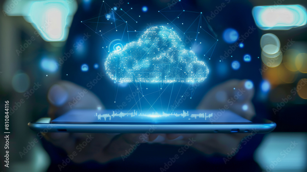 A person is holding a tablet with a cloud on it A person is holding a tablet with a cloud on it