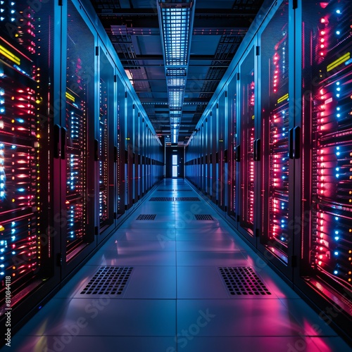 A high-tech data center, with rows of glowing servers: Empowering Businesses with Integrated Compute and Data Technologies.