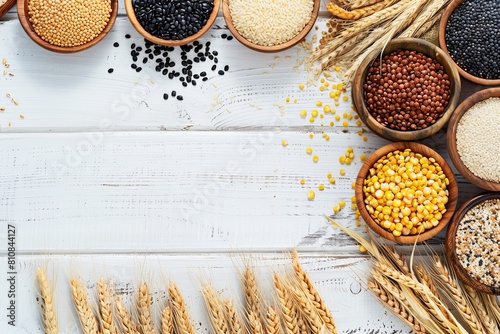 Set of cereals and grains. Buckwheat, lentils, rice, millet, barley, corn, black rice. On a white wooden background. View from above. place for text