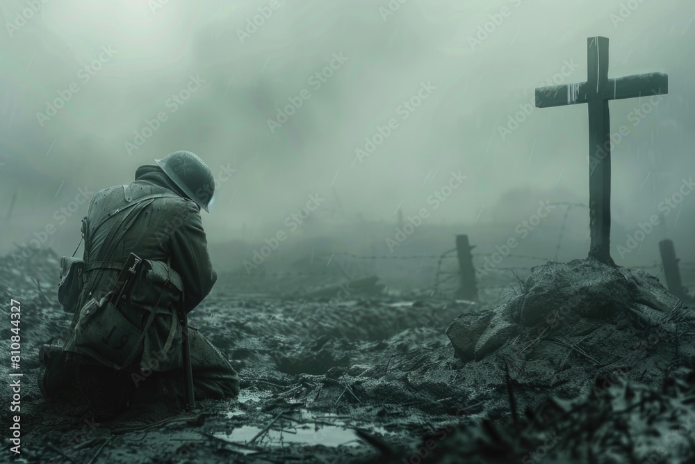 Obraz premium A man kneeling in front of a cross on a hill. Suitable for religious themes