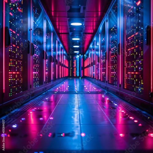 A high-tech data center, with rows of glowing servers: Precision in Data Storage: From Network to Backup.