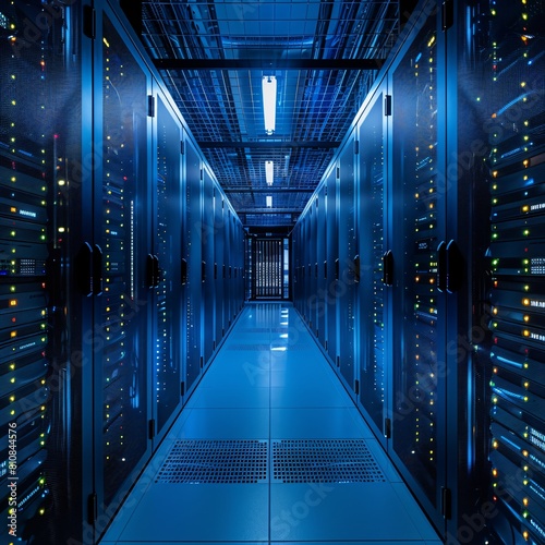 A high-tech data center  with rows of glowing servers  Unleashing Potential with State-of-the-Art Data and Compute Technologies.