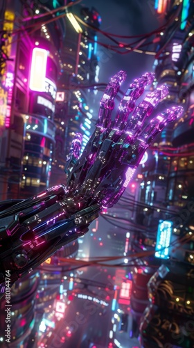 Futuristic city with neon lights and a robotic hand. Vertical background 