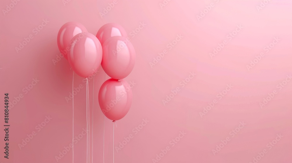 Pink balloons are arranged in a row on a pink background