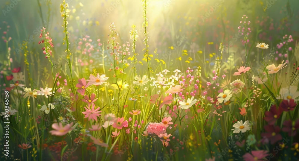 Vibrant magenta petals of herbaceous plants in natural landscape under the sun