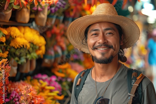 Man in Straw Hat Standing in Front of Flower Shop